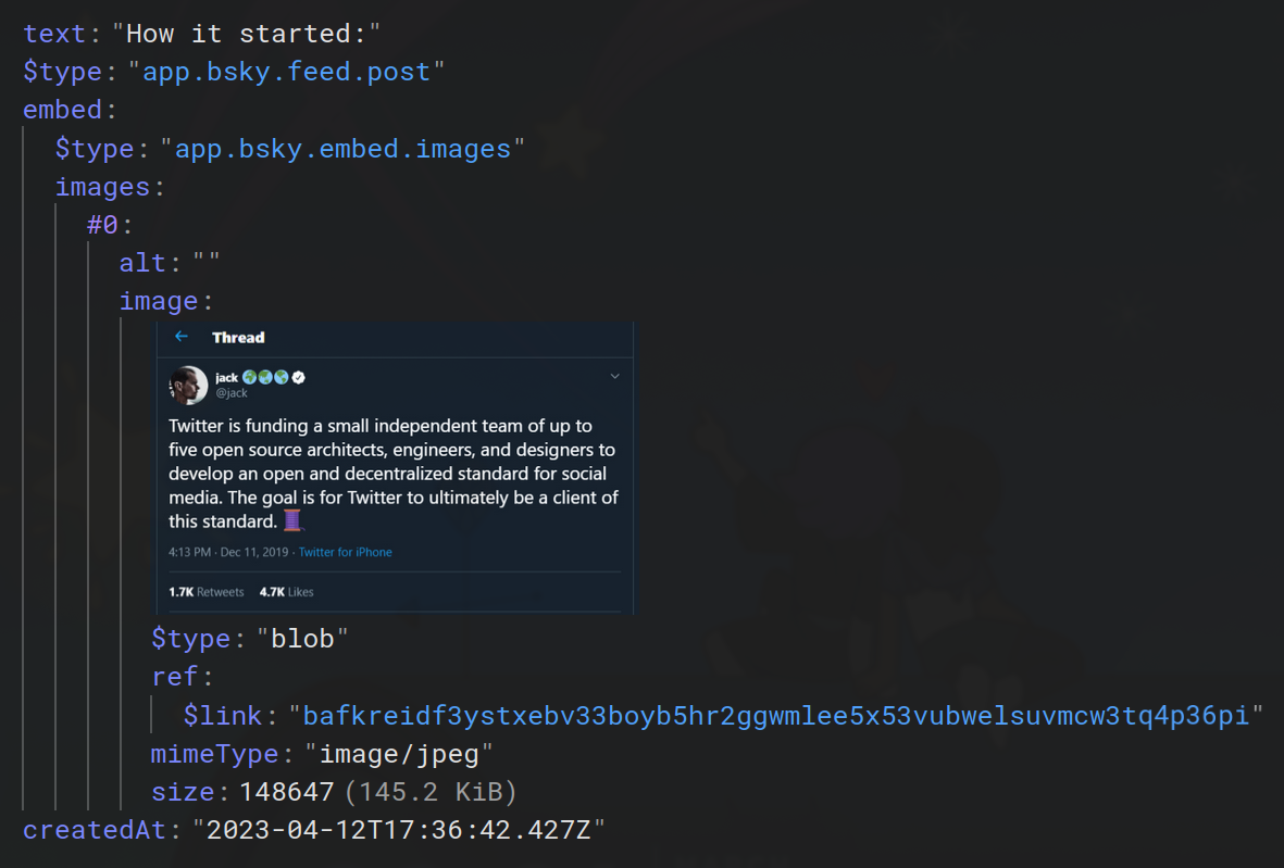 A record of the first BlueSky post viewed on PDSls